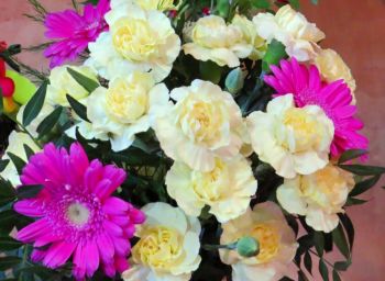 Květinová vazba-smetanové mini karafiáty,růžová gerbera a pistácie