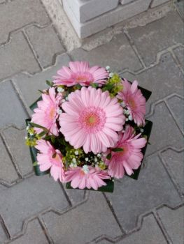 Kytice svatební- růžová gerbera,gypsophilla, kontryhel,pistácie a aspidistra